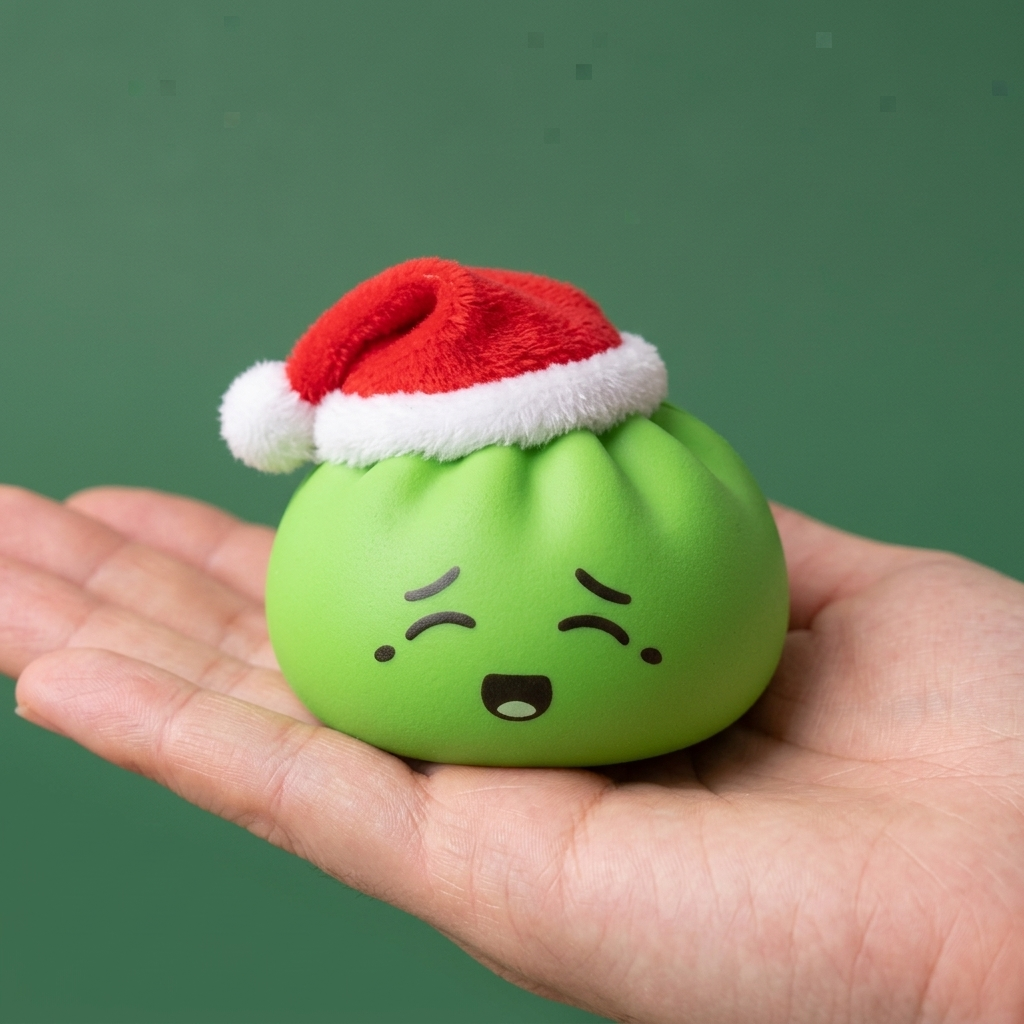Squishy Dumpling Bonnet de Noël Elfe Vert tenu en main, taille réelle