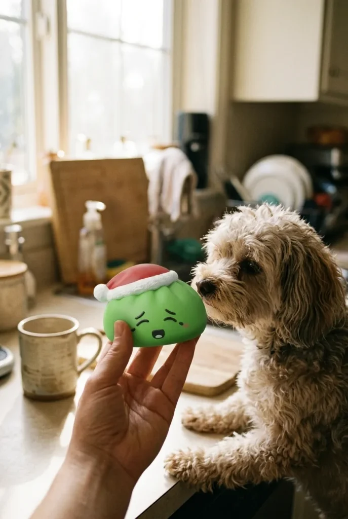 Squishy Dumpling Bonnet de Noël Elfe Vert tenu près d'un animal de compagnie curieux