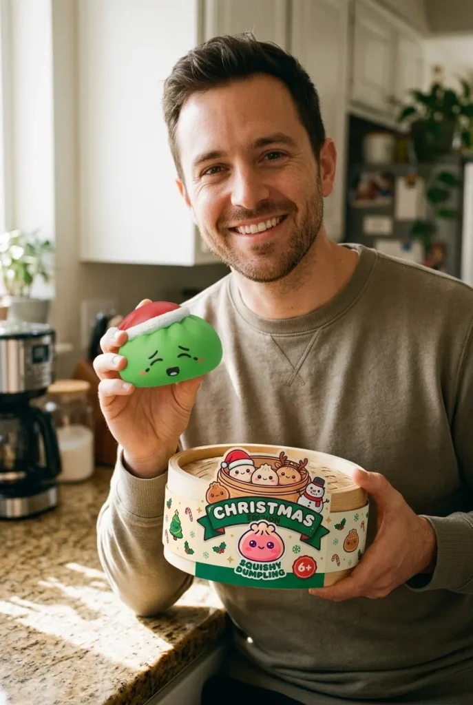 Squishy Dumpling Bonnet de Noël Elfe Vert présenté avec sa boîte panier vapeur — photo client