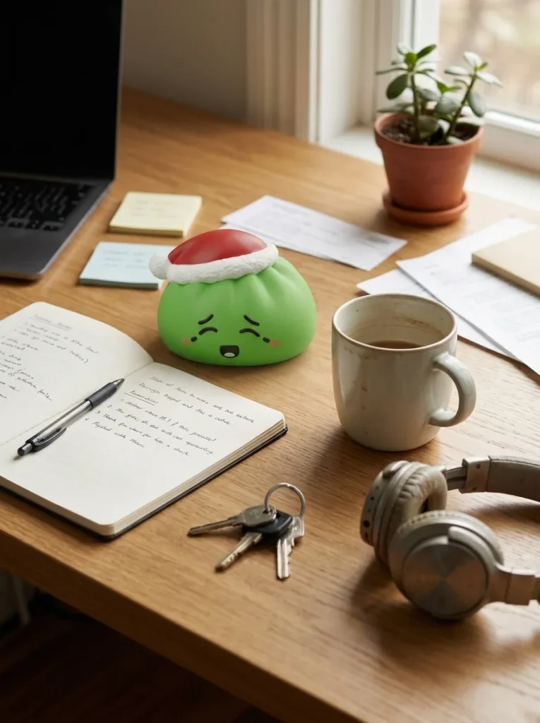 Squishy Dumpling Bonnet de Noël Elfe Vert posé sur un bureau, dans le quotidien