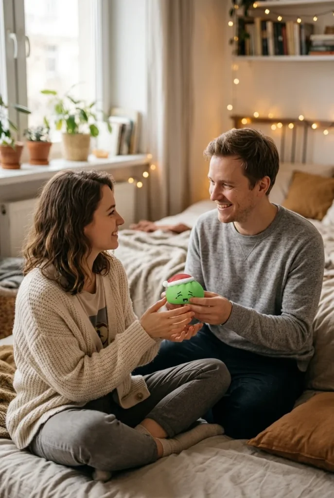 Squishy Dumpling Bonnet de Noël Elfe Vert offert en cadeau entre deux personnes