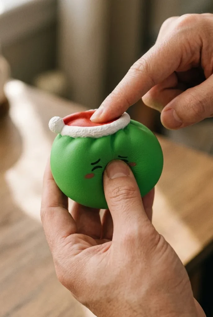 Squishy Dumpling Bonnet de Noël Elfe Vert pressé dans la main — effet squishy slow-rise