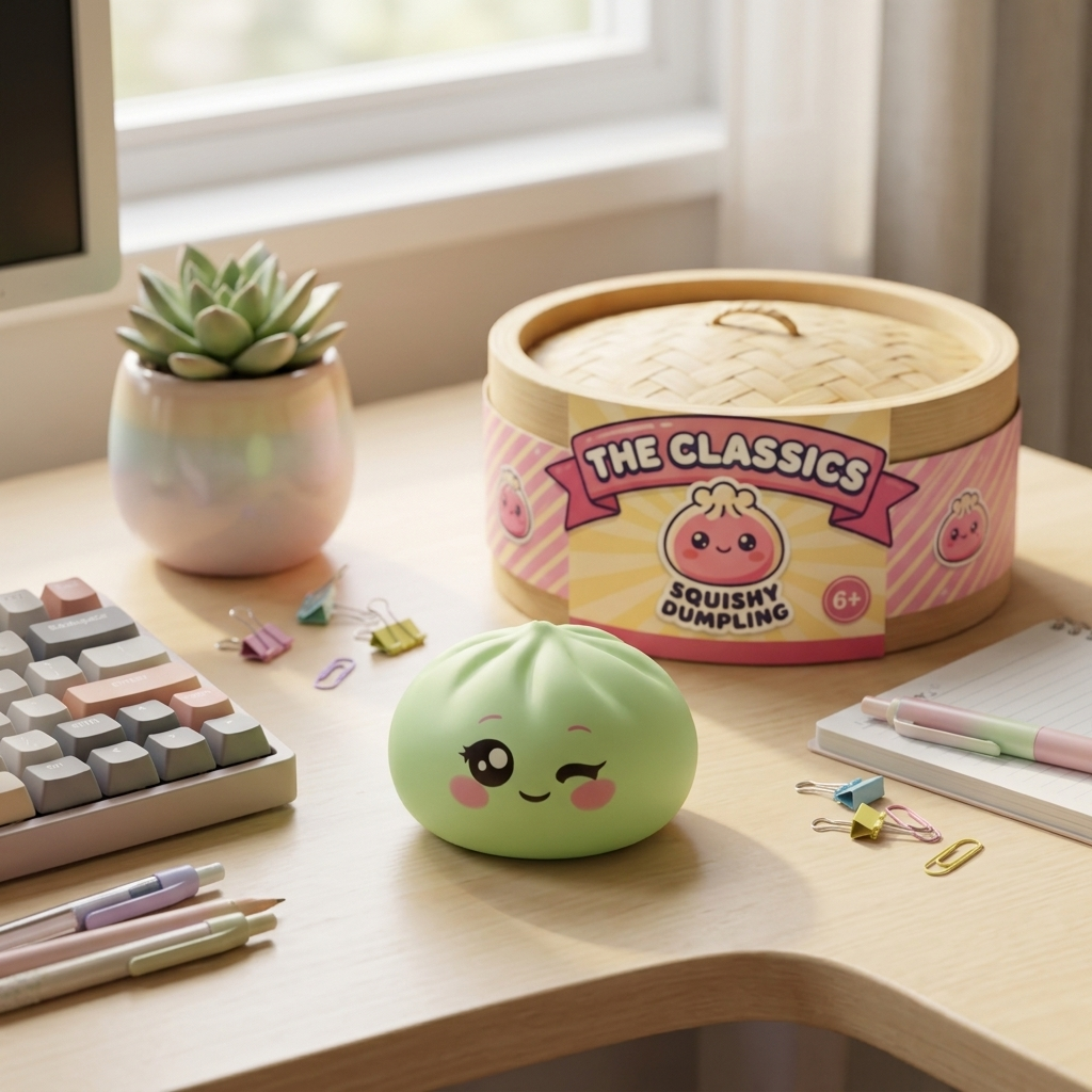Squishy Dumpling Pistache Clin d’Œil en ambiance sur un bureau
