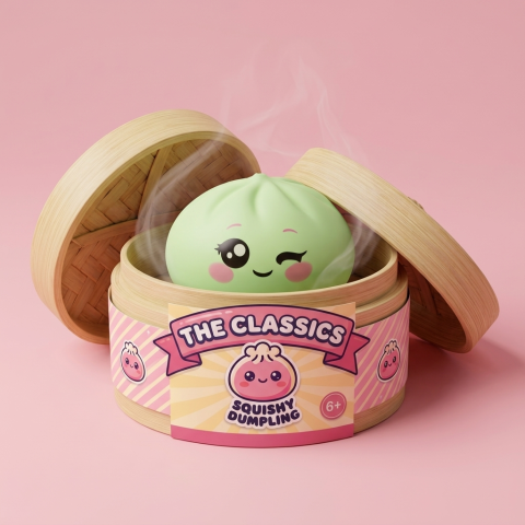 Squishy Dumpling Pistache Clin d’Œil dans sa boîte panier vapeur façon bambou