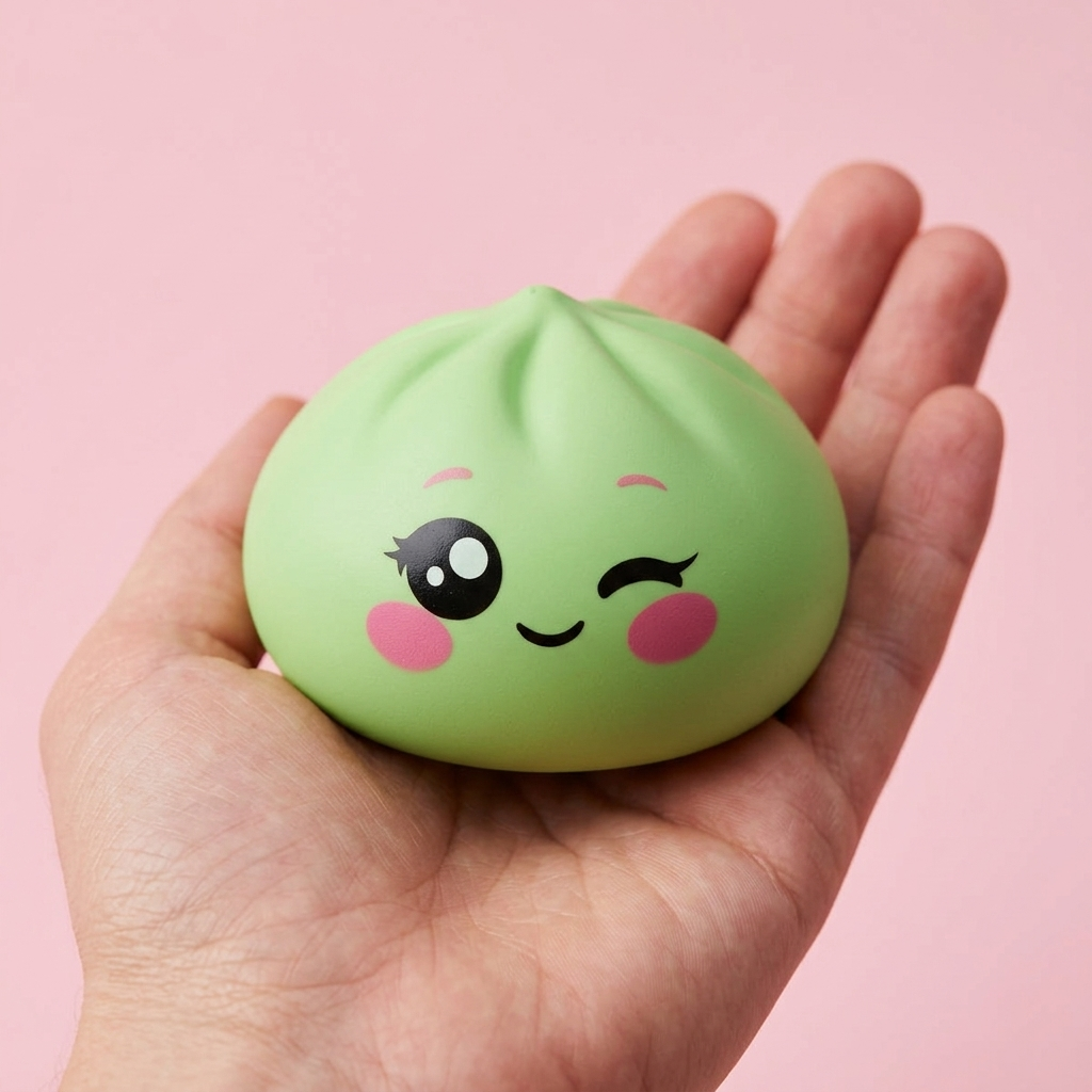 Squishy Dumpling Pistache Clin d’Œil tenu en main, taille réelle