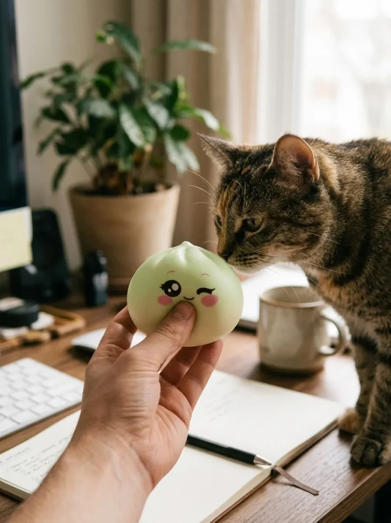 Squishy Dumpling Pistache Clin d’Œil tenu près d'un animal de compagnie curieux