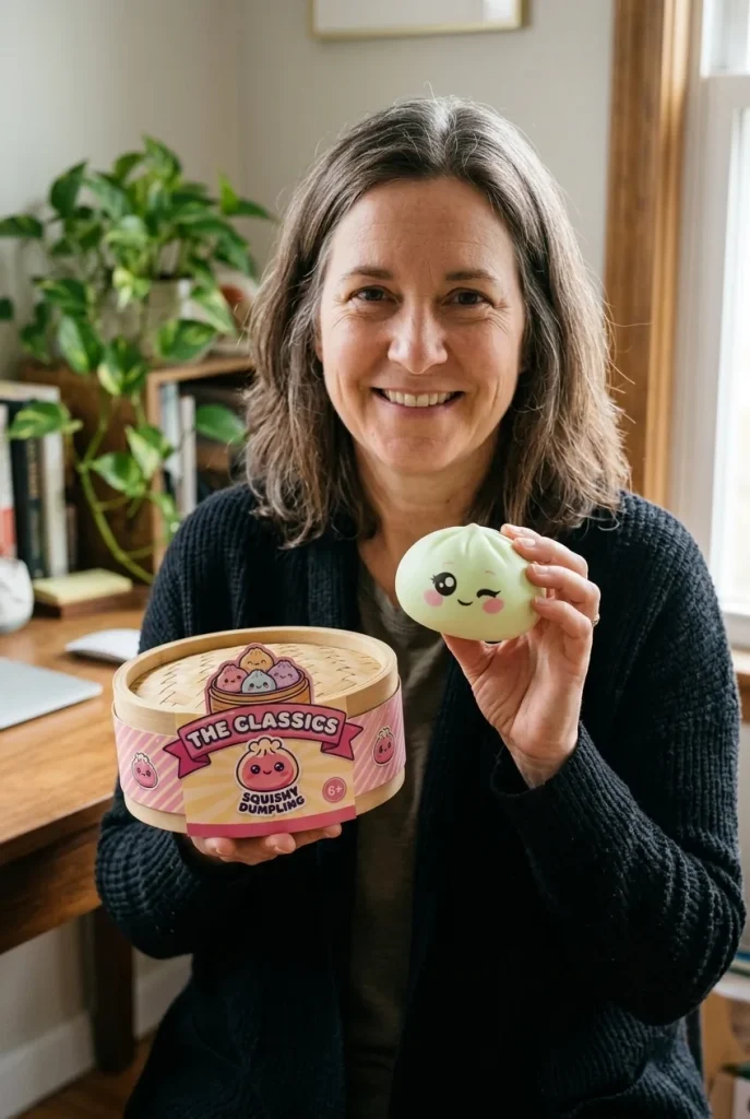 Squishy Dumpling Pistache Clin d’Œil présenté avec sa boîte panier vapeur — photo client