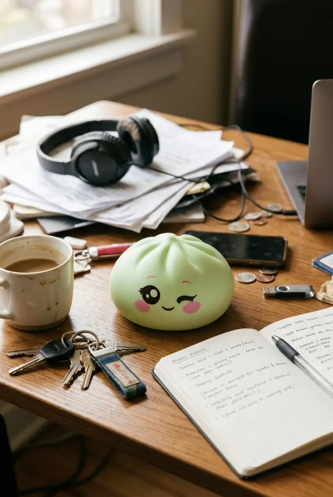 Squishy Dumpling Pistache Clin d’Œil posé sur un bureau, dans le quotidien