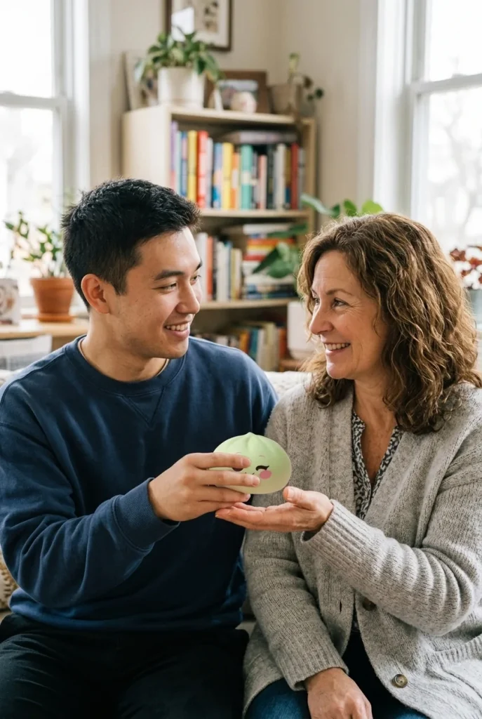 Squishy Dumpling Pistache Clin d’Œil offert en cadeau entre deux personnes
