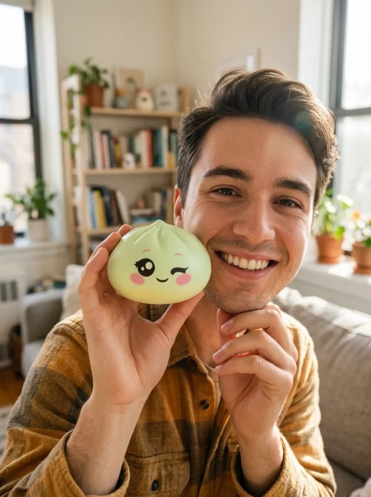 Squishy Dumpling Pistache Clin d’Œil tenu près du visage — photo client