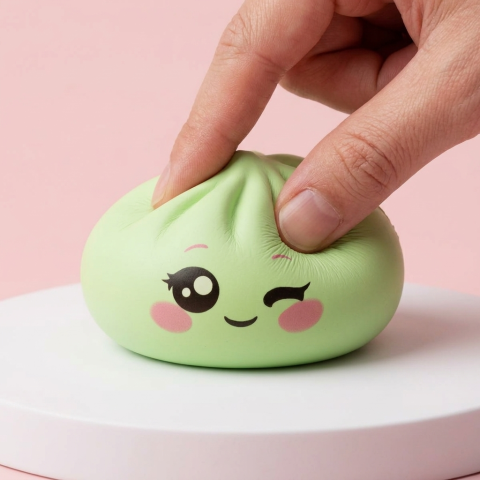 Squishy Dumpling Pistache Clin d’Œil pressé dans la main, matière squishy