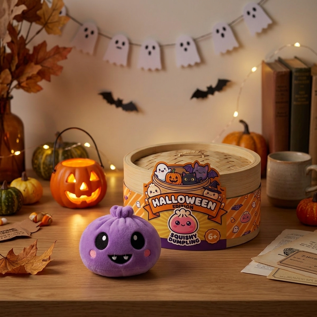 Squishy Dumpling Halloween Effrayant Lot de 5 en ambiance sur un bureau