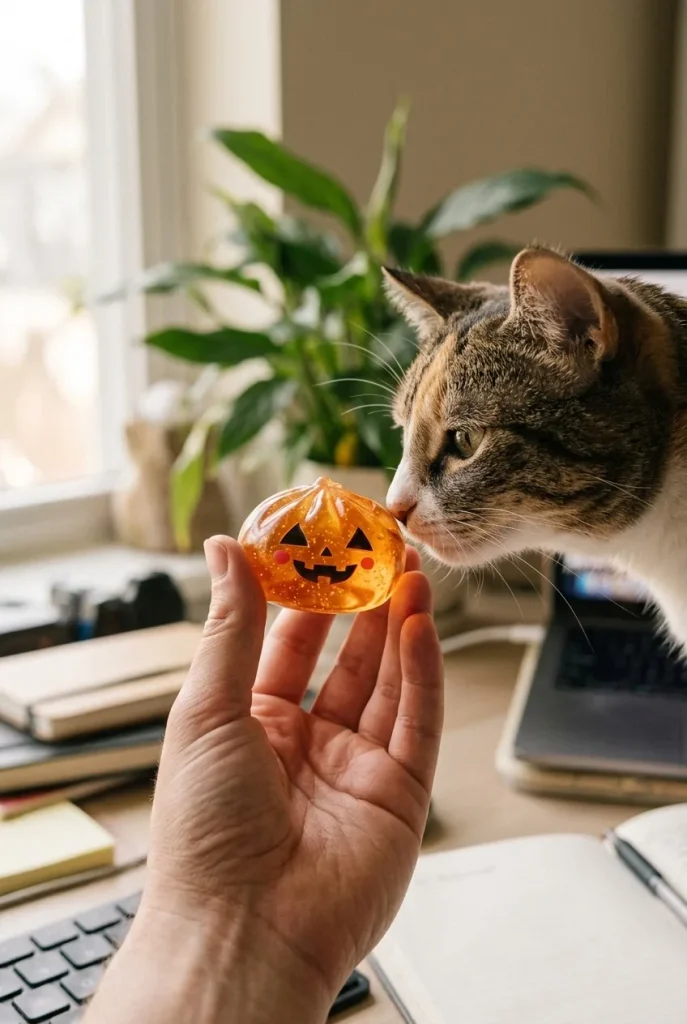 Squishy Dumpling Halloween XXL (Lot de 8) tenu près d'un animal de compagnie curieux