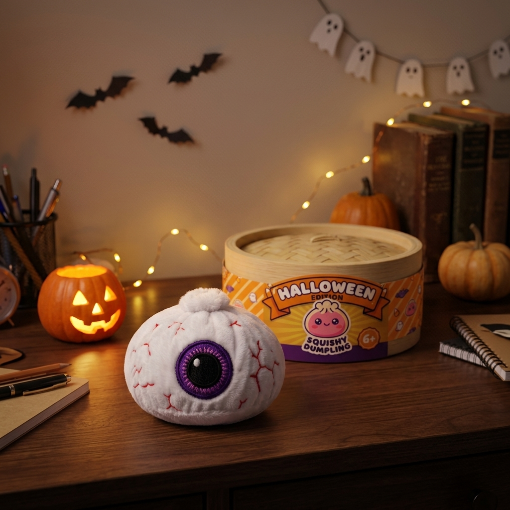 Squishy Dumpling Œil Halloween en ambiance sur un bureau