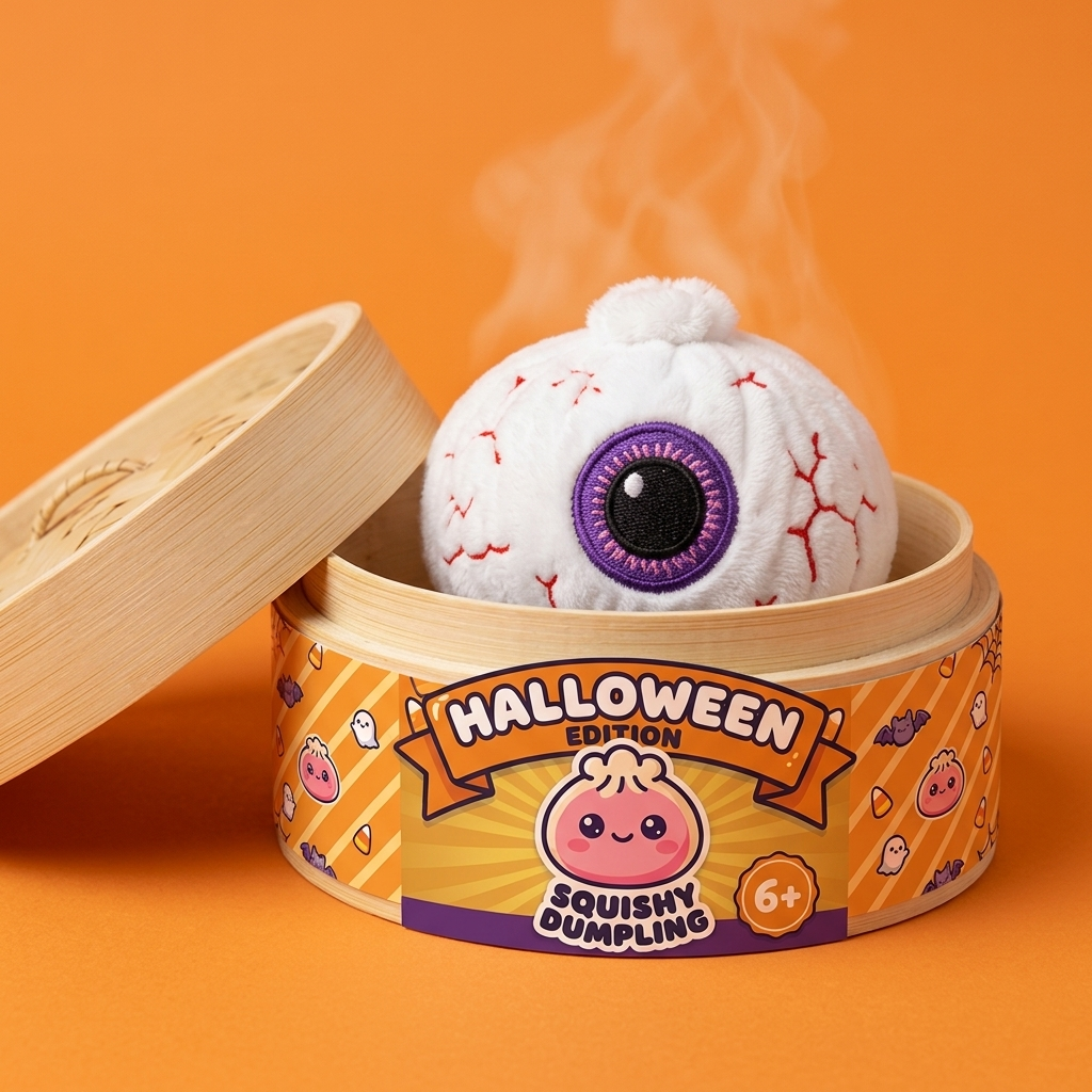 Squishy Dumpling Œil Halloween dans sa boîte panier vapeur façon bambou