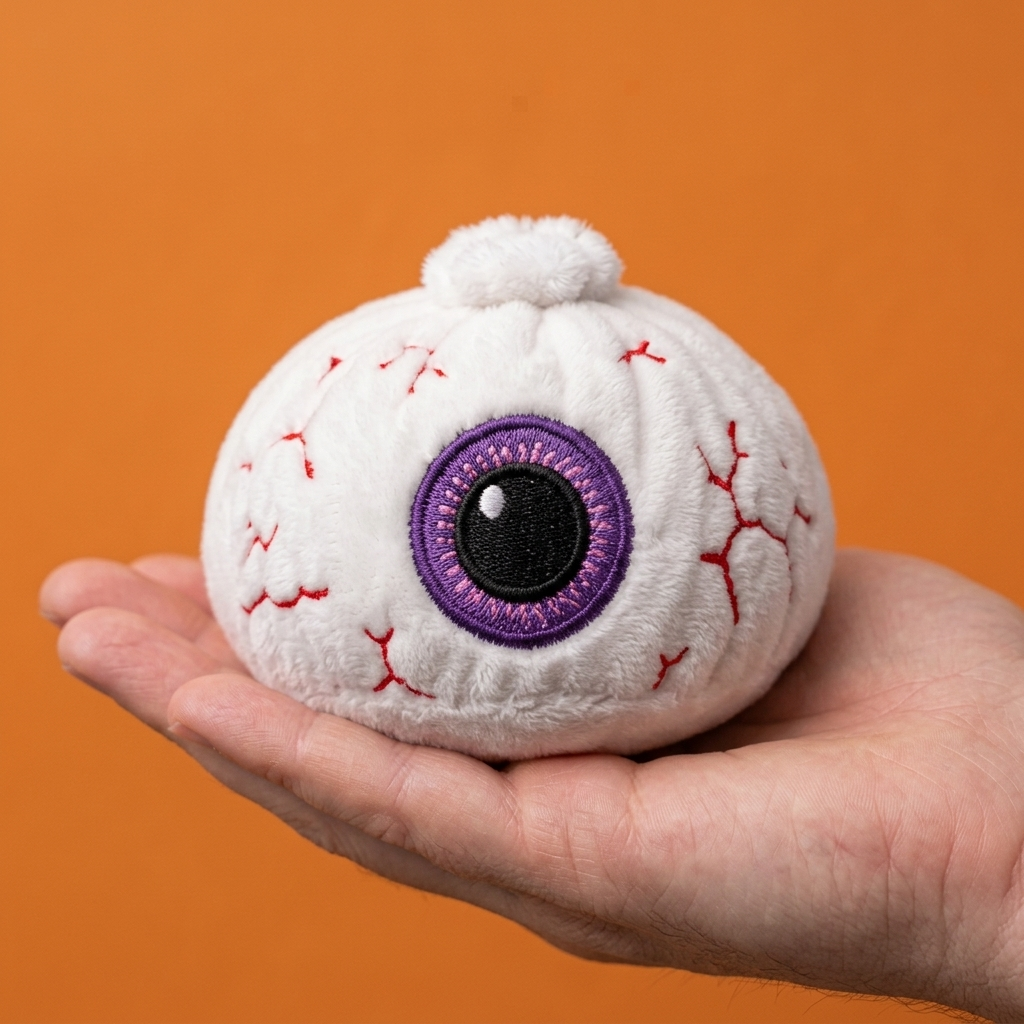 Squishy Dumpling Œil Halloween tenu en main, taille réelle
