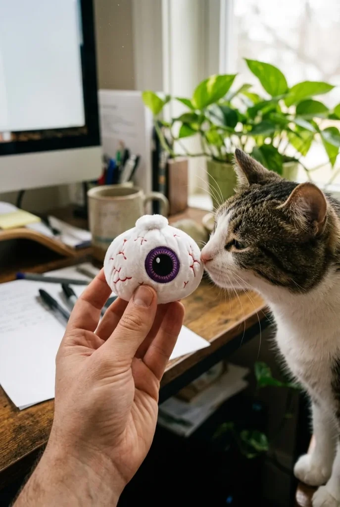 Squishy Dumpling Œil Halloween tenu près d'un animal de compagnie curieux