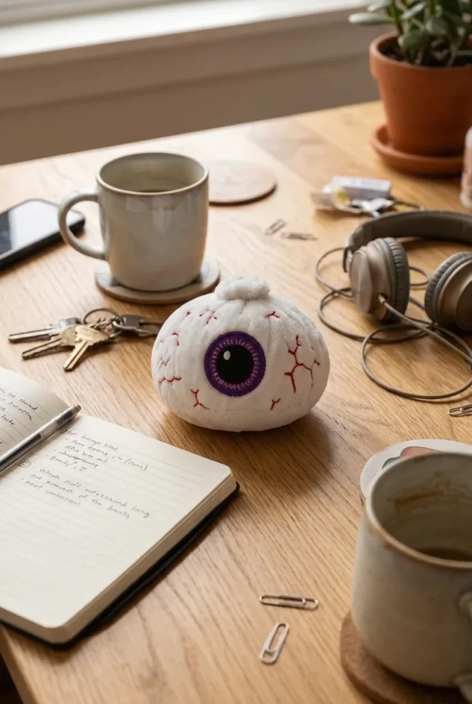 Squishy Dumpling Œil Halloween posé sur un bureau, dans le quotidien