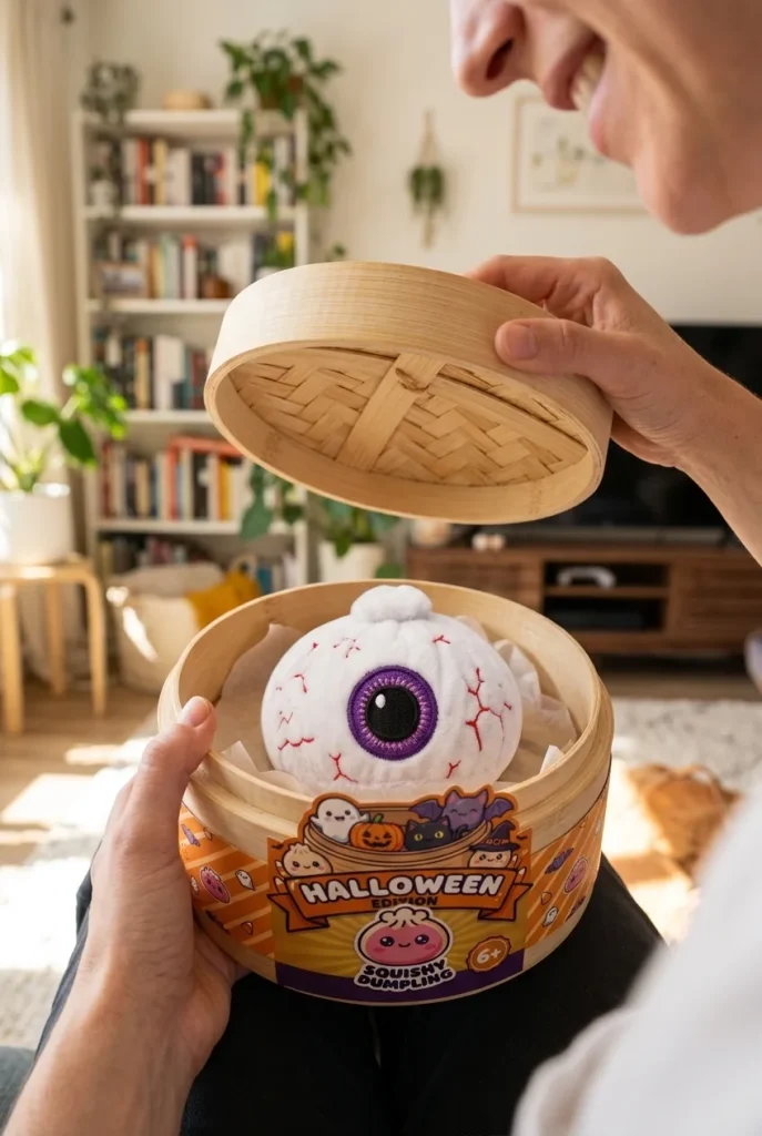Déballage du Squishy Dumpling Œil Halloween — la boîte panier vapeur s'ouvre