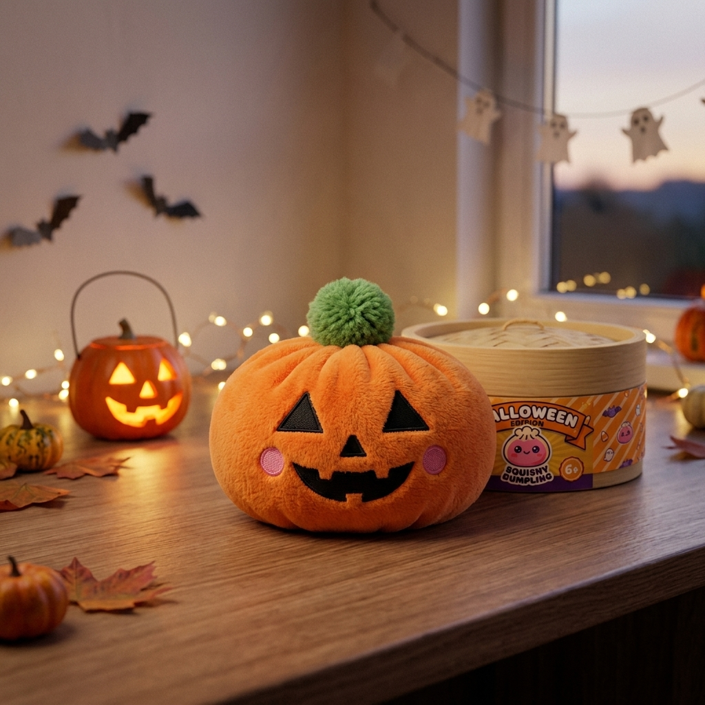 Squishy Dumpling Citrouille Halloween en ambiance sur un bureau