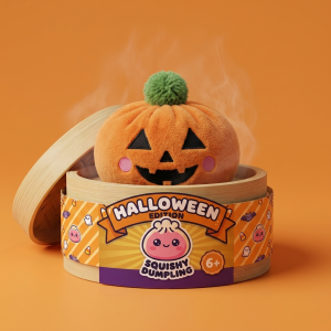 Squishy Dumpling Citrouille Halloween dans sa boîte panier vapeur façon bambou