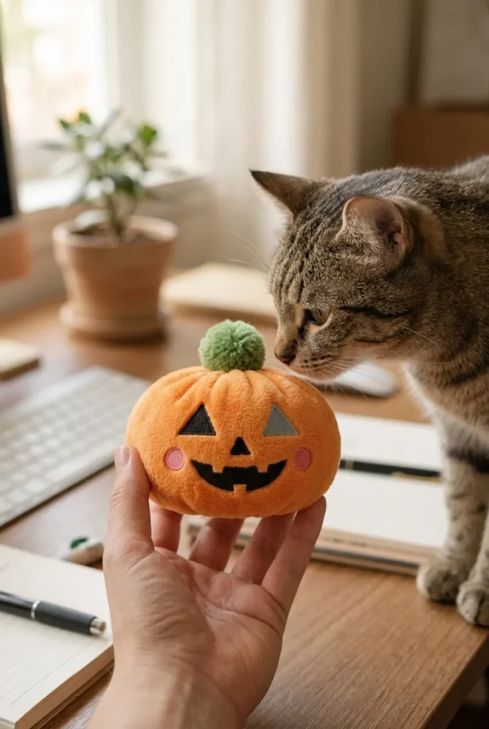 Squishy Dumpling Citrouille Halloween tenu près d'un animal de compagnie curieux