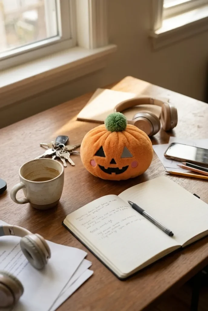 Squishy Dumpling Citrouille Halloween posé sur un bureau, dans le quotidien