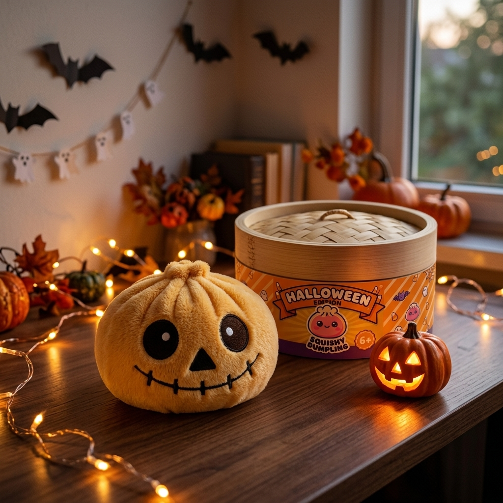 Dumpling Squishy Squelette Halloween Souriant en ambiance sur un bureau