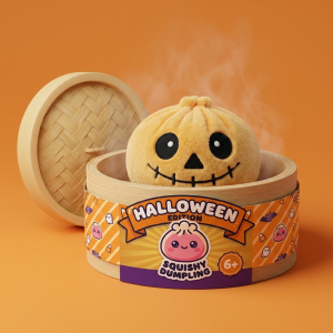 Dumpling Squishy Squelette Halloween Souriant dans sa boîte panier vapeur façon bambou