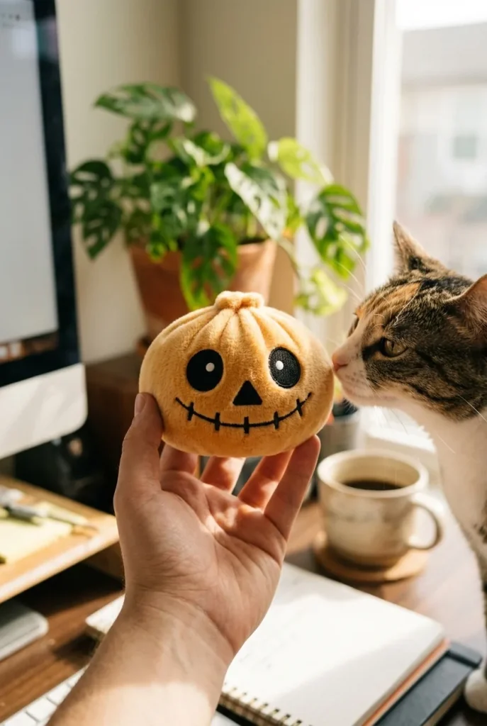 Dumpling Squishy Squelette Halloween Souriant tenu près d'un animal de compagnie curieux