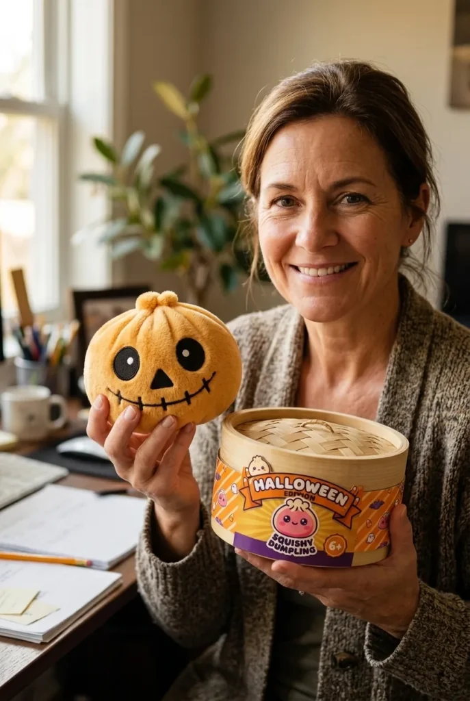 Dumpling Squishy Squelette Halloween Souriant présenté avec sa boîte panier vapeur — photo client