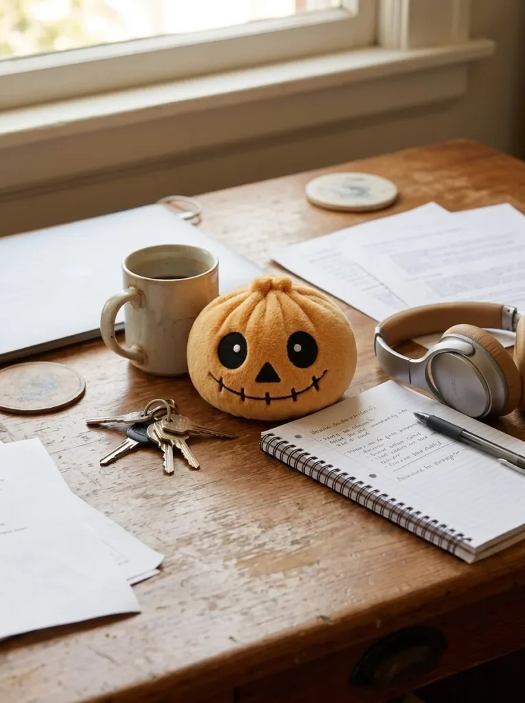 Dumpling Squishy Squelette Halloween Souriant posé sur un bureau, dans le quotidien