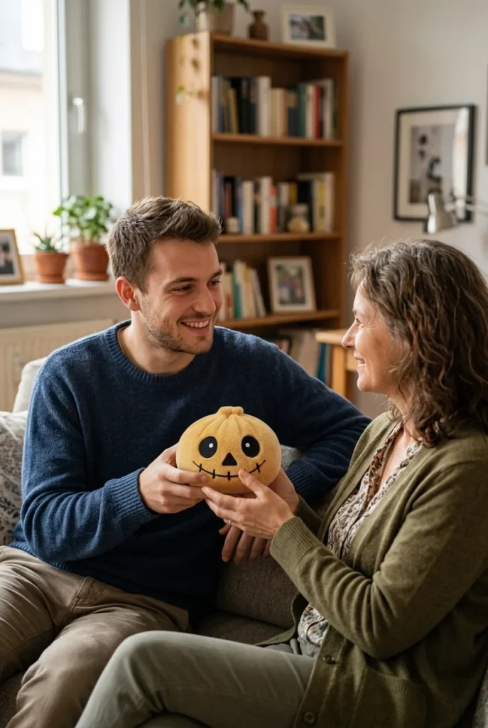 Dumpling Squishy Squelette Halloween Souriant offert en cadeau entre deux personnes