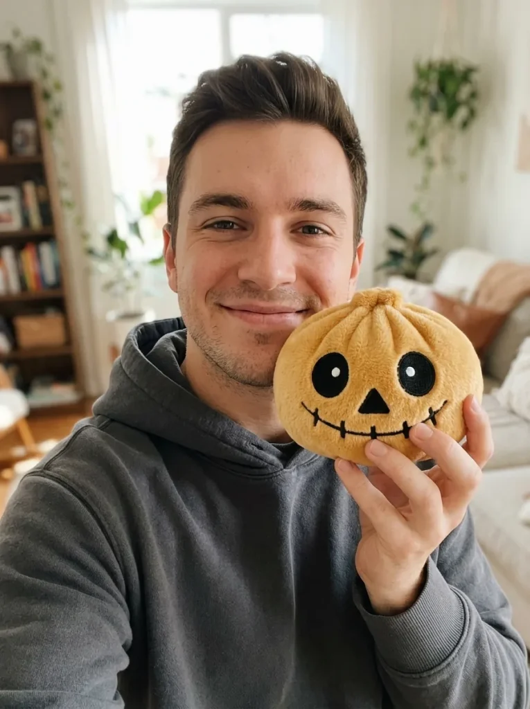 Dumpling Squishy Squelette Halloween Souriant tenu près du visage — photo client