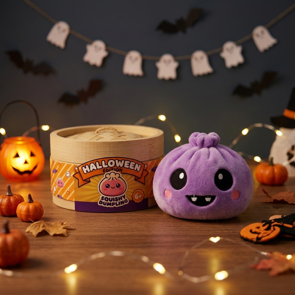 Squishy Dumpling Velours Vampire Halloween en ambiance sur un bureau