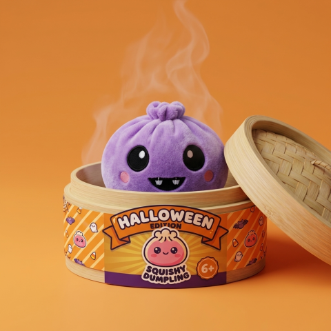 Squishy Dumpling Velours Vampire Halloween dans sa boîte panier vapeur façon bambou