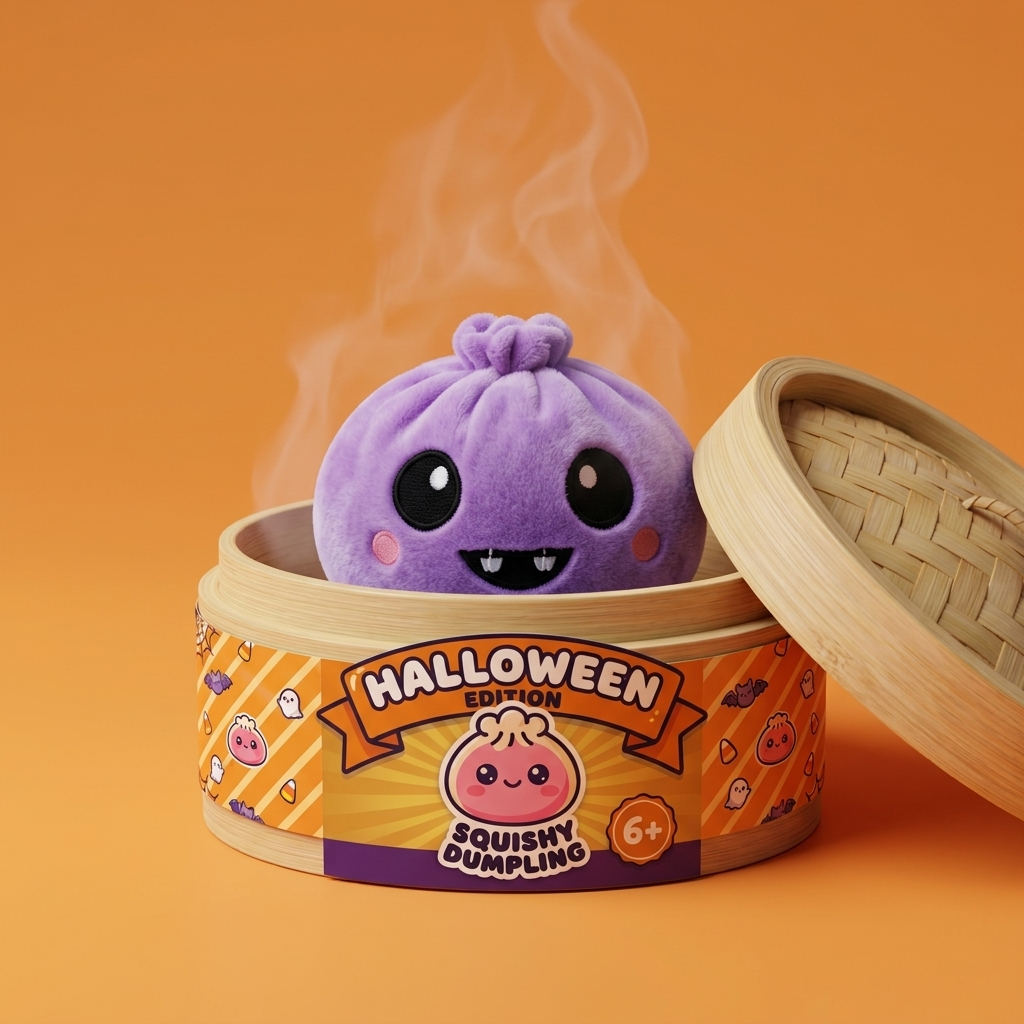 Squishy Dumpling Velours Vampire Halloween dans sa boîte panier vapeur façon bambou