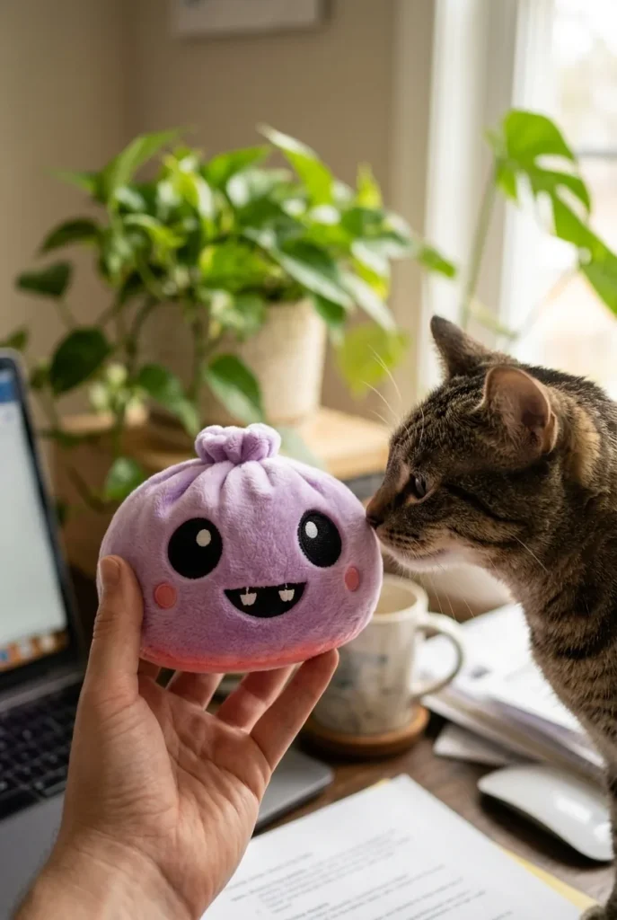 Squishy Dumpling Velours Vampire Halloween tenu près d'un animal de compagnie curieux