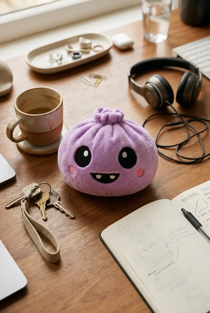 Squishy Dumpling Velours Vampire Halloween posé sur un bureau, dans le quotidien