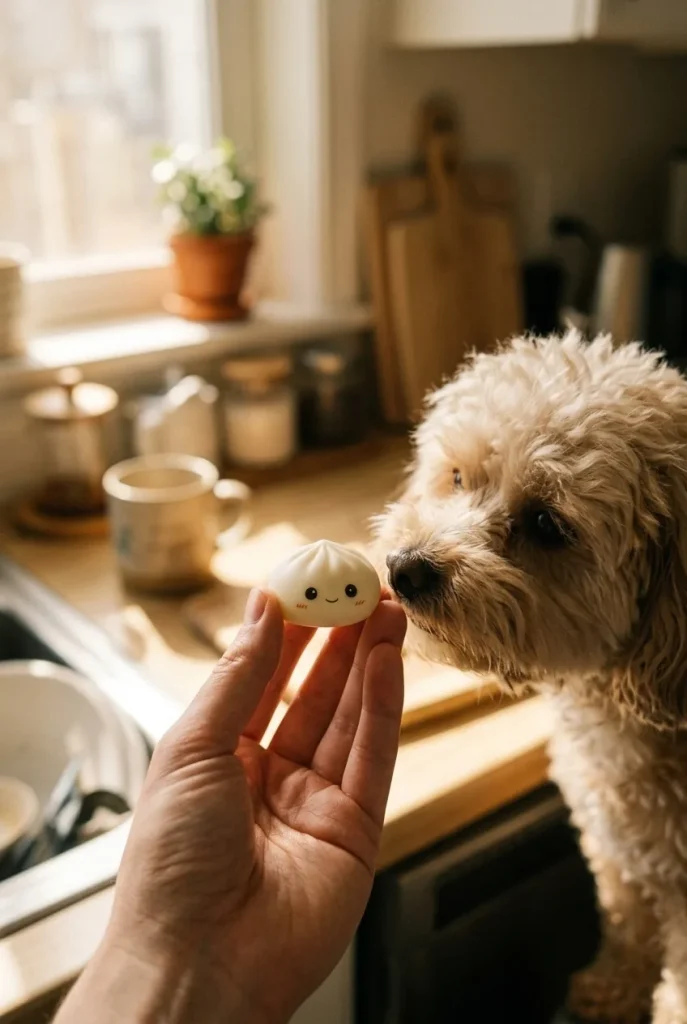 Squishy Dumpling Calendrier de l’Avent Mochi Pain d’Épices 24 Pièces tenu près d'un animal de compagnie curieux