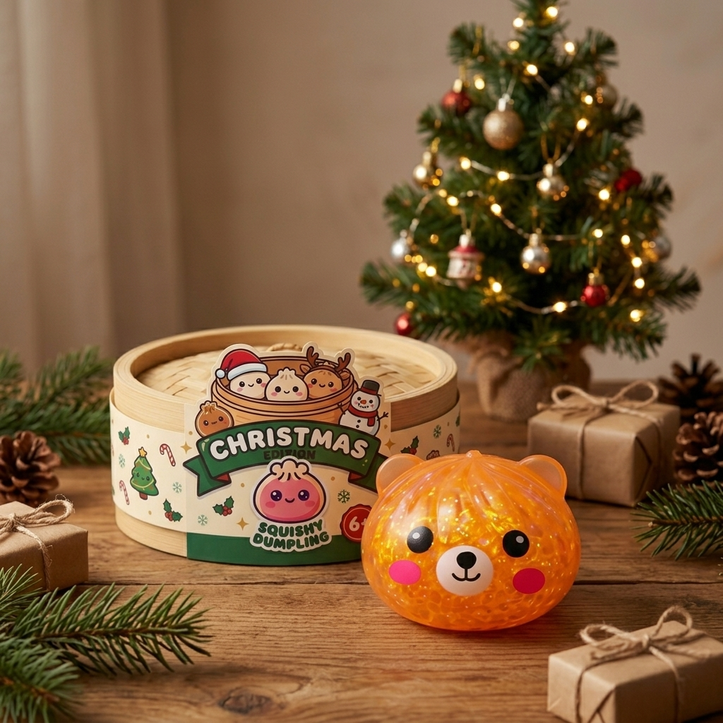 Dumpling Squishy Ours Mystery Glitter en ambiance sur un bureau