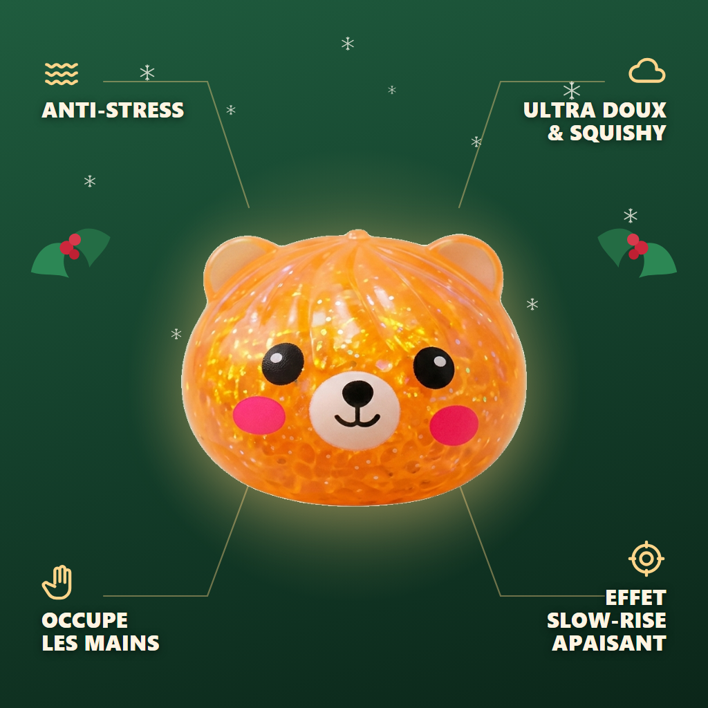 Dumpling Squishy Ours Mystery Glitter — anti-stress, ultra doux, effet slow-rise
