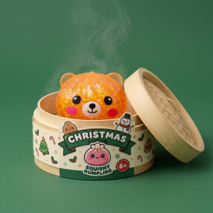 Dumpling Squishy Ours Mystery Glitter dans sa boîte panier vapeur façon bambou