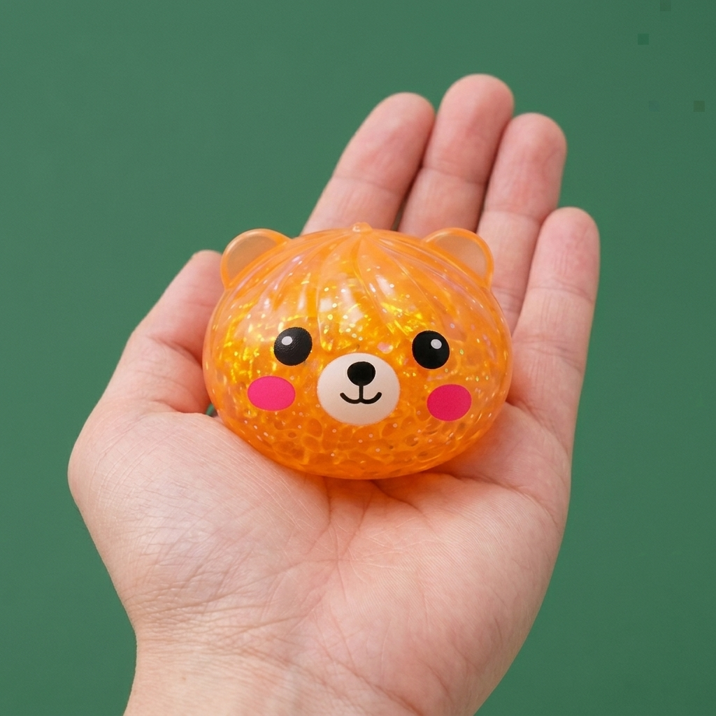 Dumpling Squishy Ours Mystery Glitter tenu en main, taille réelle