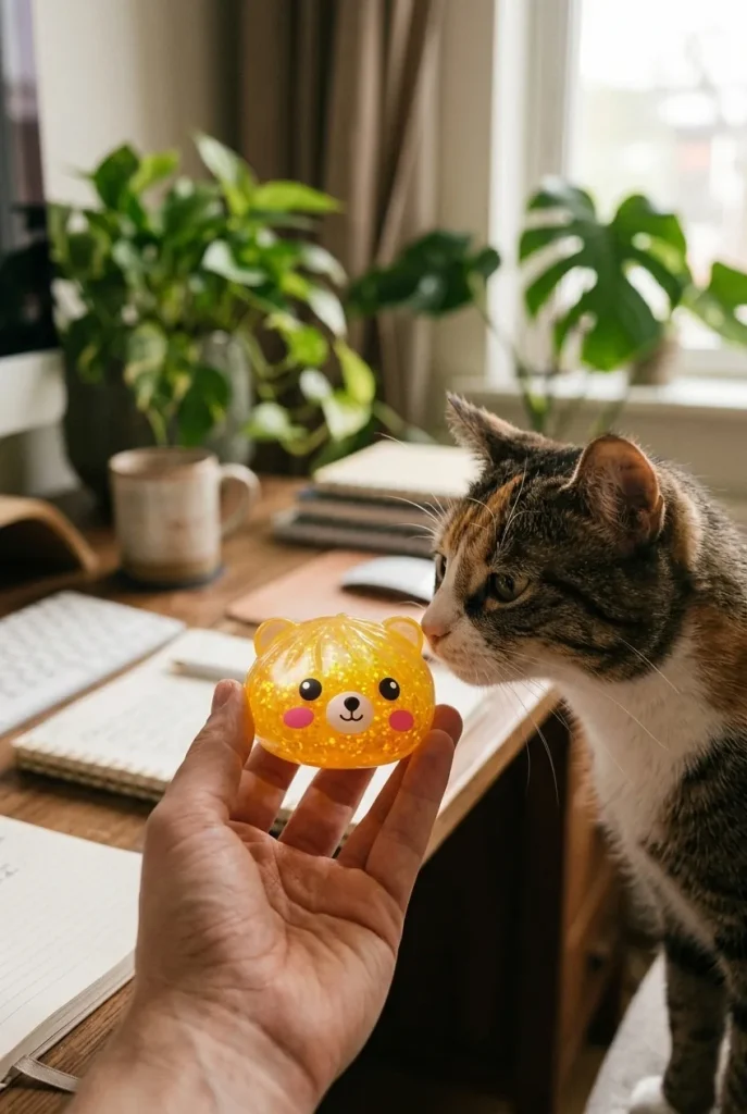 Dumpling Squishy Ours Mystery Glitter tenu près d'un animal de compagnie curieux