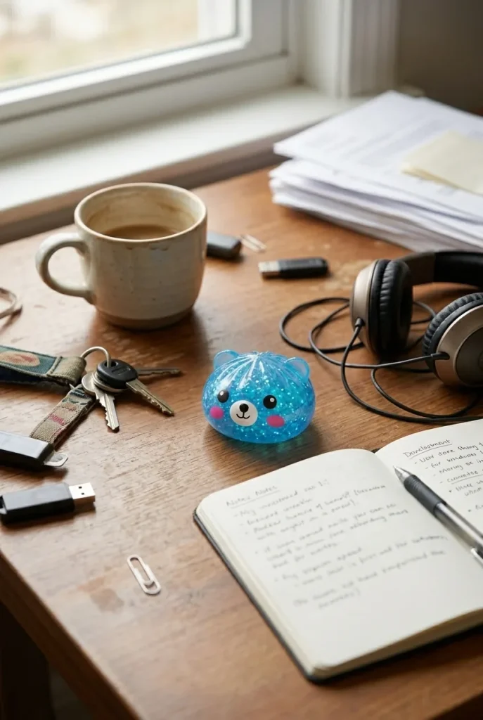 Dumpling Squishy Ours Mystery Glitter posé sur un bureau, dans le quotidien