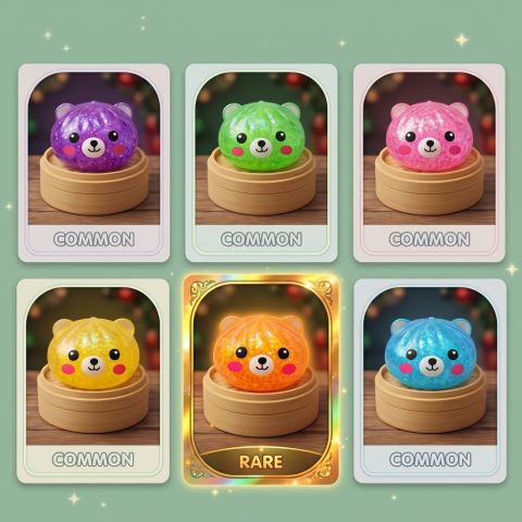 Dumpling Squishy Ours Mystery Glitter — carte des raretés (commun, rare, ultra rare)