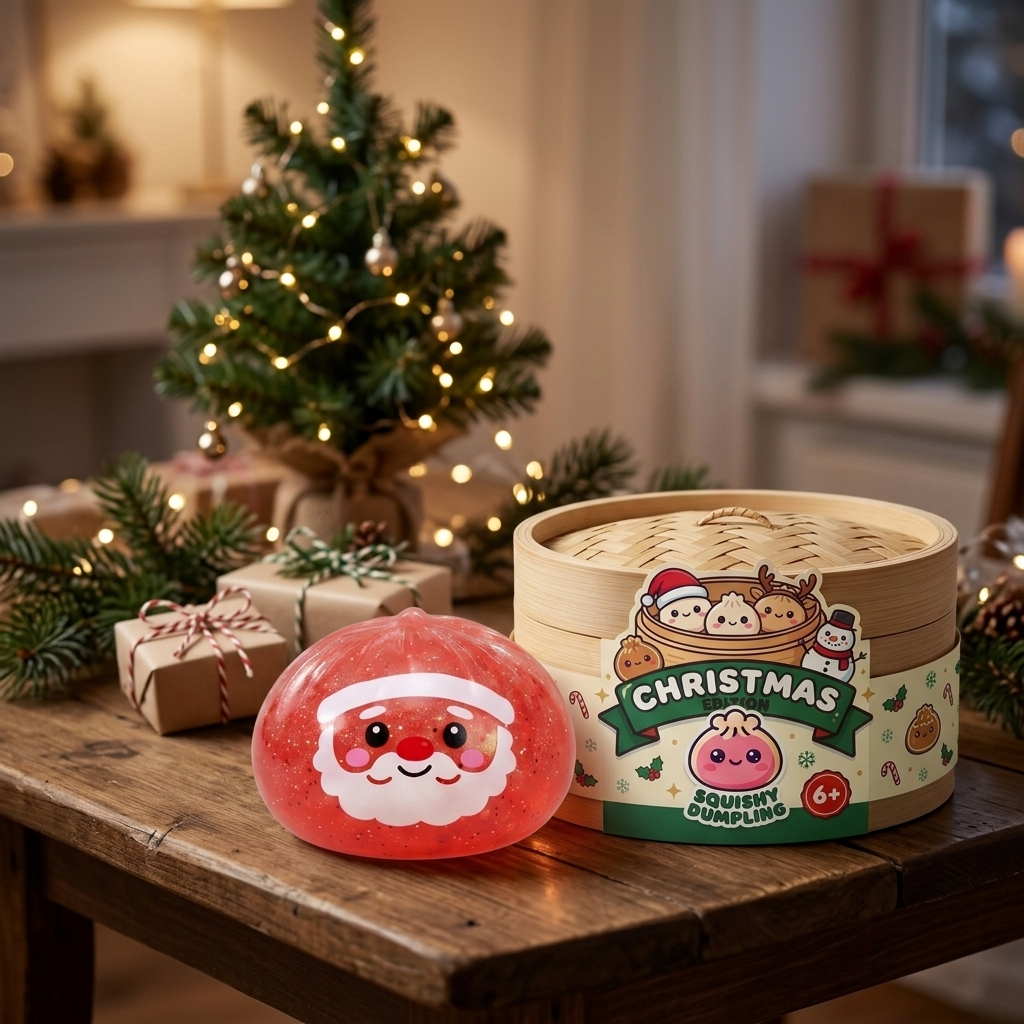 Dumpling Squishy Mystery Candy de Noël en ambiance sur un bureau