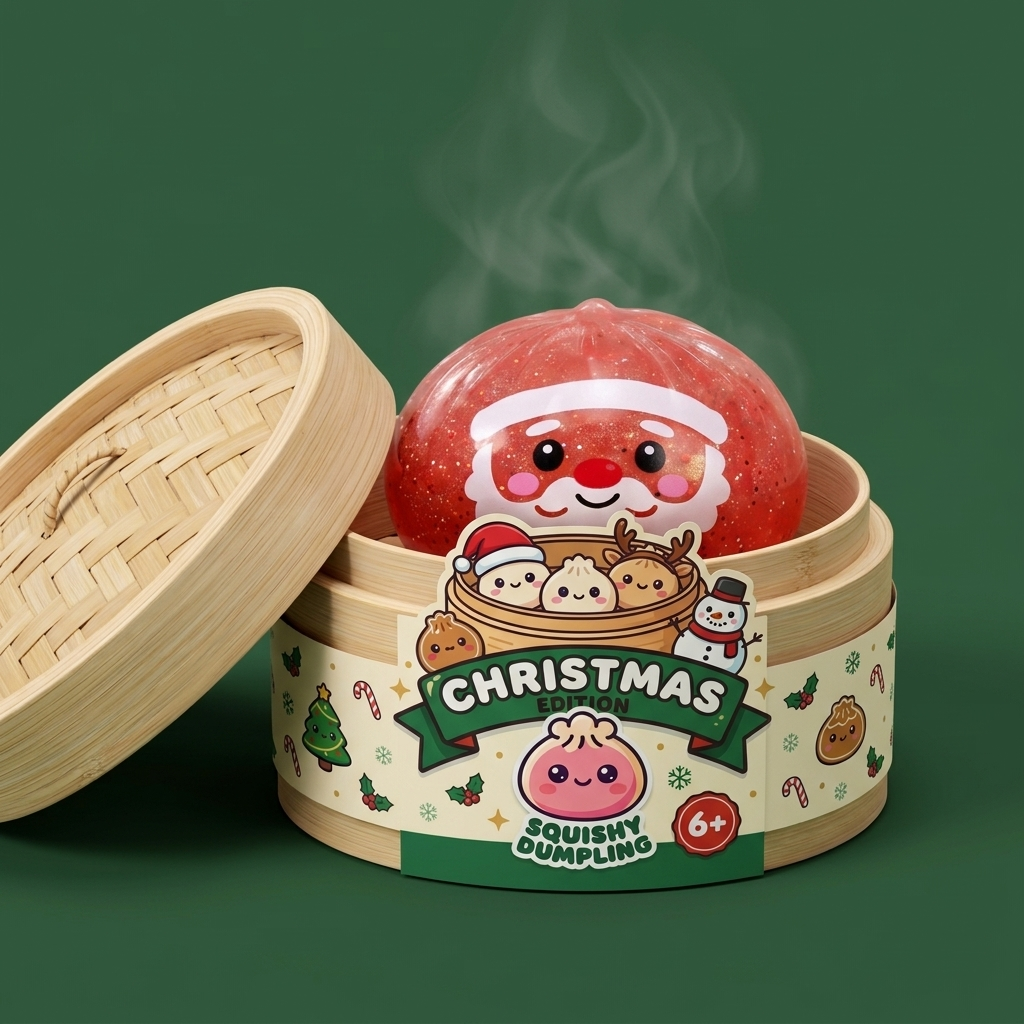 Dumpling Squishy Mystery Candy de Noël dans sa boîte panier vapeur façon bambou