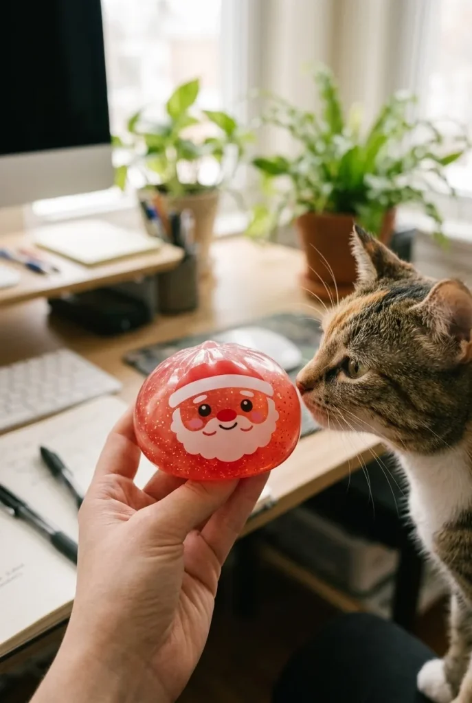 Dumpling Squishy Mystery Candy de Noël tenu près d'un animal de compagnie curieux